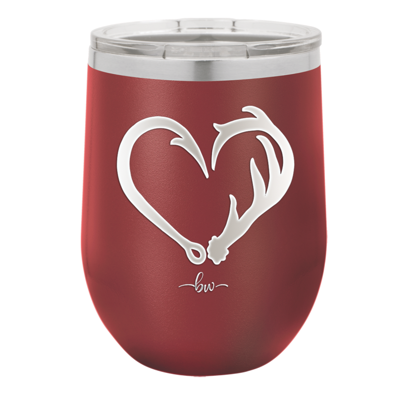 Fish Hook Deer Antler Heart - Laser Engraved Stainless Steel Drinkware - 1542 -