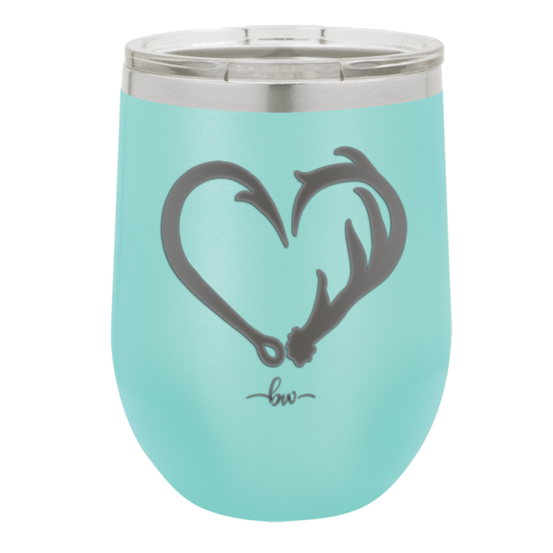 Fish Hook Deer Antler Heart - Laser Engraved Stainless Steel Drinkware - 1542 -