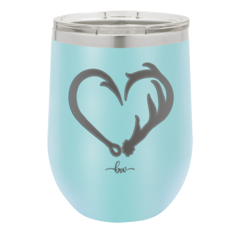 Fish Hook Deer Antler Heart - Laser Engraved Stainless Steel Drinkware - 1542 -