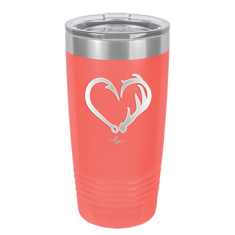 Fish Hook Deer Antler Heart - Laser Engraved Stainless Steel Drinkware - 1542 -