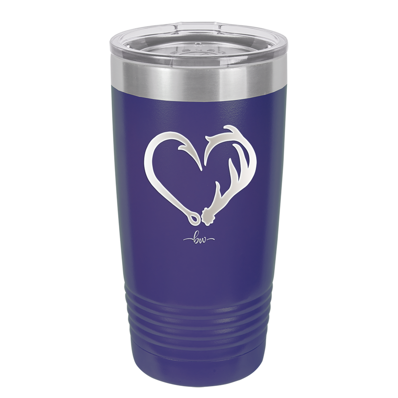 Fish Hook Deer Antler Heart - Laser Engraved Stainless Steel Drinkware - 1542 -