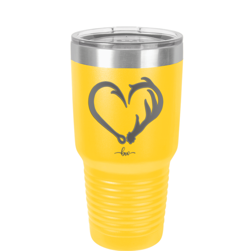 Fish Hook Deer Antler Heart - Laser Engraved Stainless Steel Drinkware - 1542 -