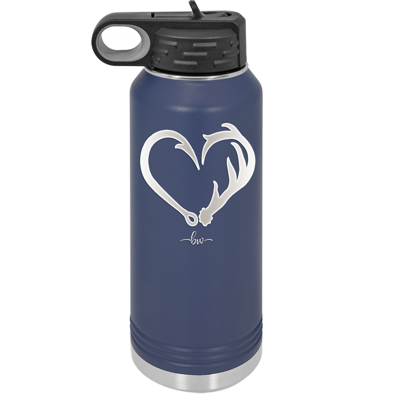 Fish Hook Deer Antler Heart - Laser Engraved Stainless Steel Drinkware - 1542 -