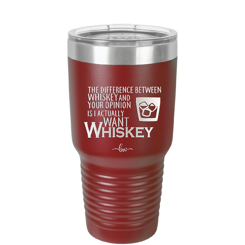 The Difference Between Whiskey and Your Opinion is I Actually Want Whiskey - Laser Engraved Stainless Steel Drinkware - 1343 -