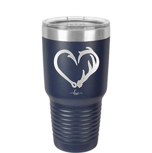 Fish Hook Deer Antler Heart - Laser Engraved Stainless Steel Drinkware - 1542 -